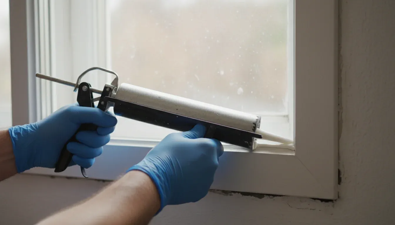 sealing window gap with caulk gun to prevent lizard entry