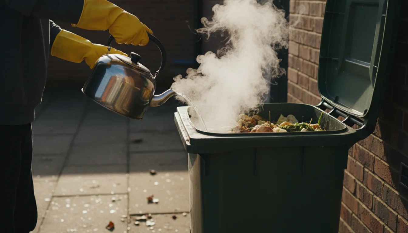 Pouring boiling water into a trash bin to kill maggots