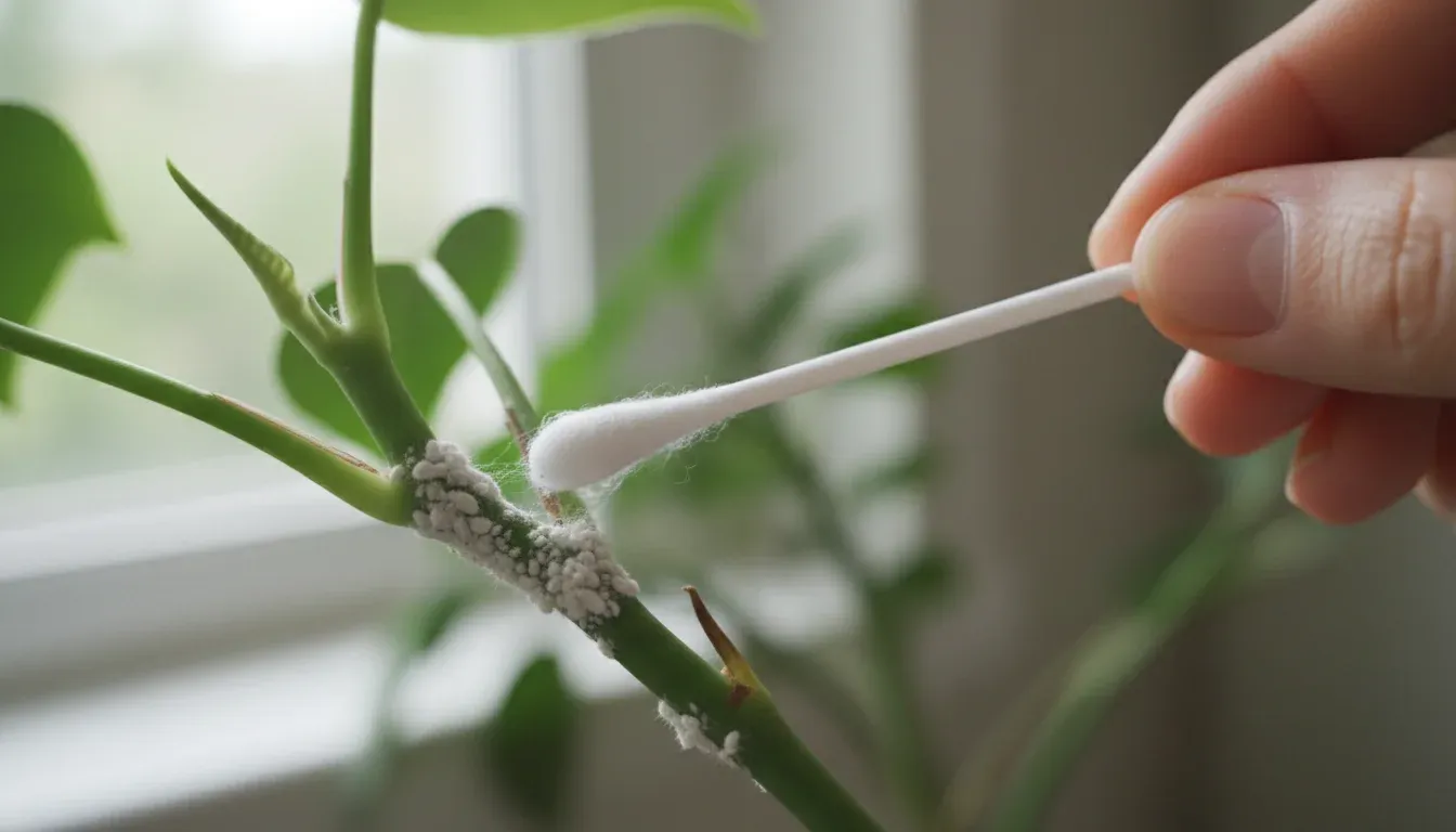 cotton swab applying rubbing alcohol to mealybugs on plant stem