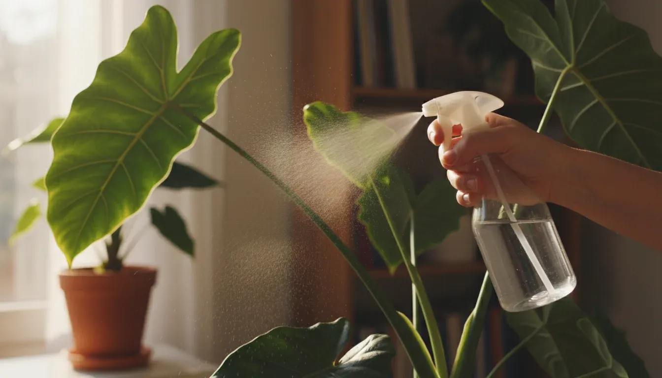 spraying neem oil solution on undersides of houseplant leaves