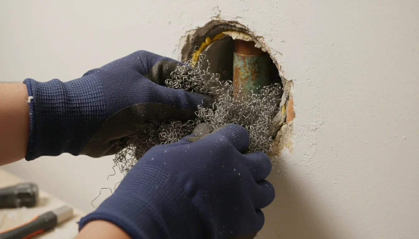hands stuffing steel wool into gap around pipe at wall