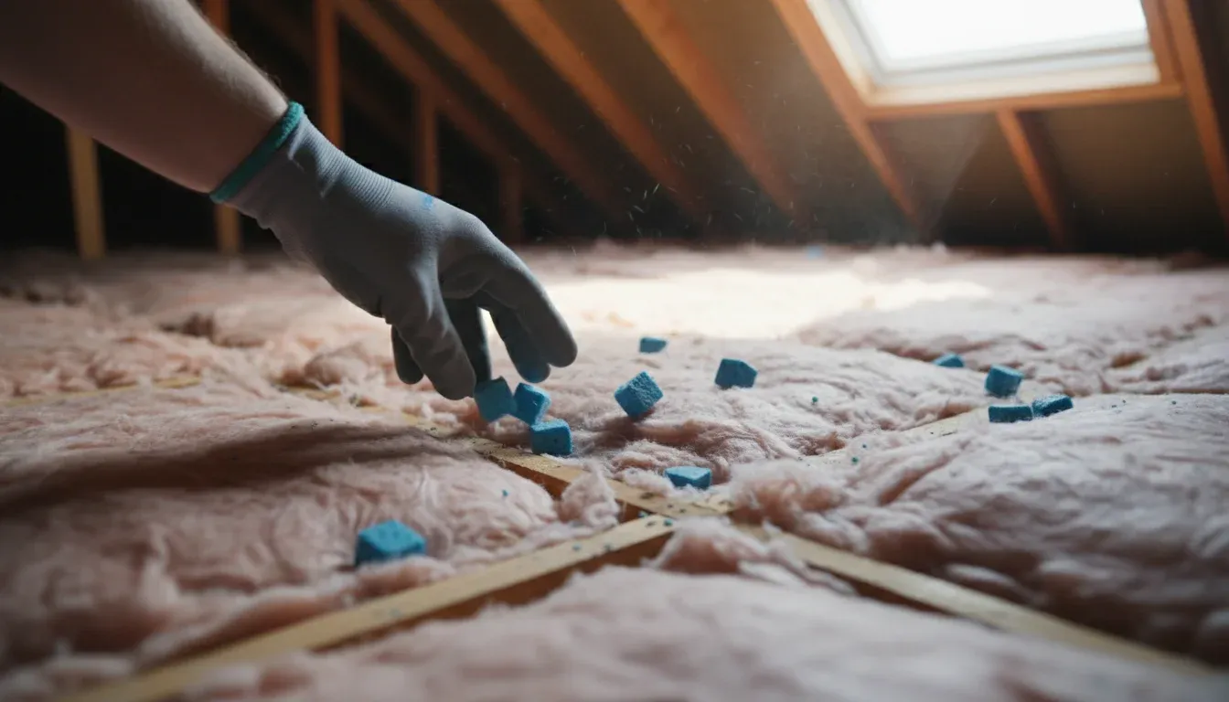 hand scattering rodent bait cubes along attic perimeter