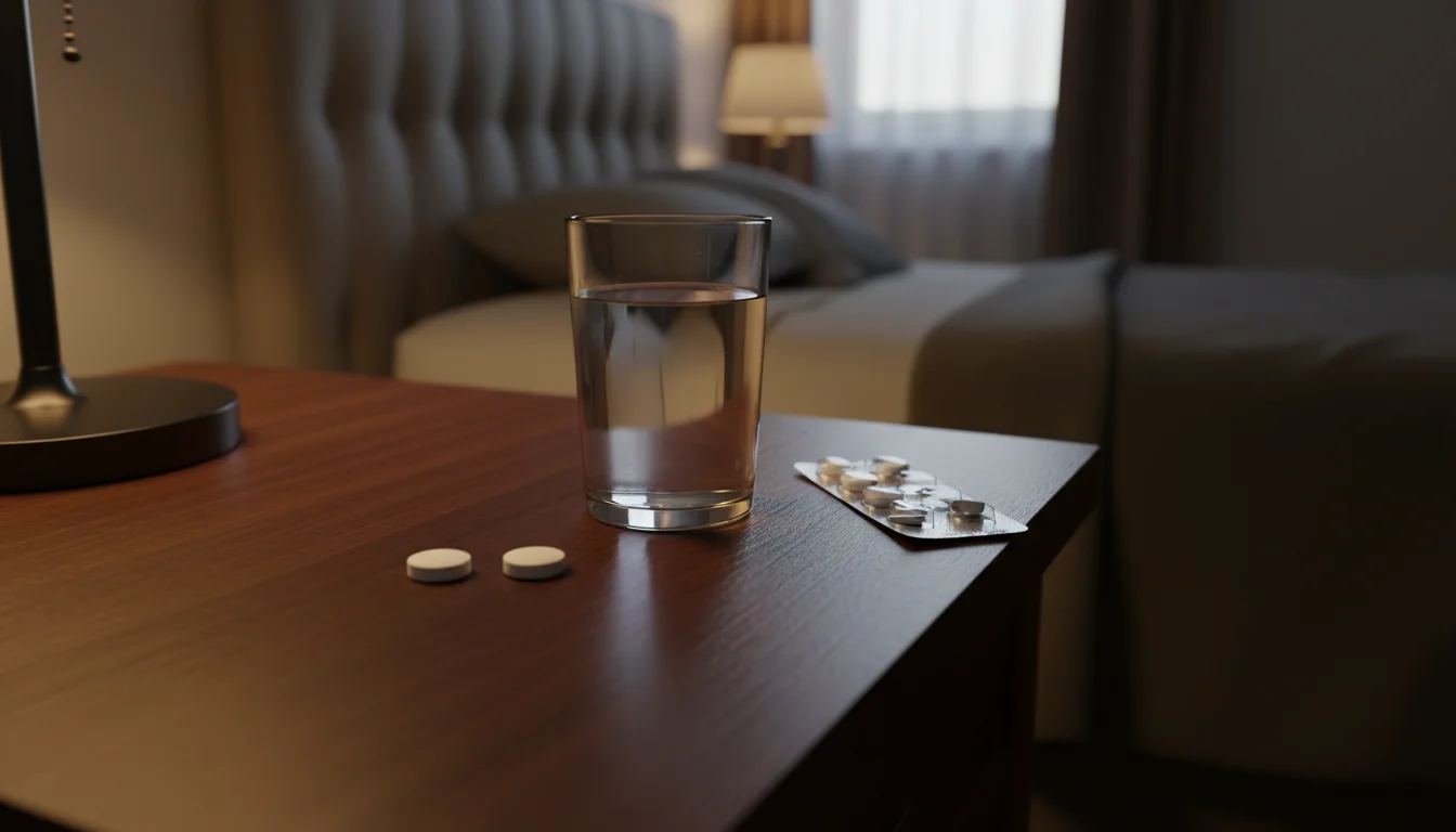 Pain relief tablets and glass of water on a bedside table for migraine treatment
