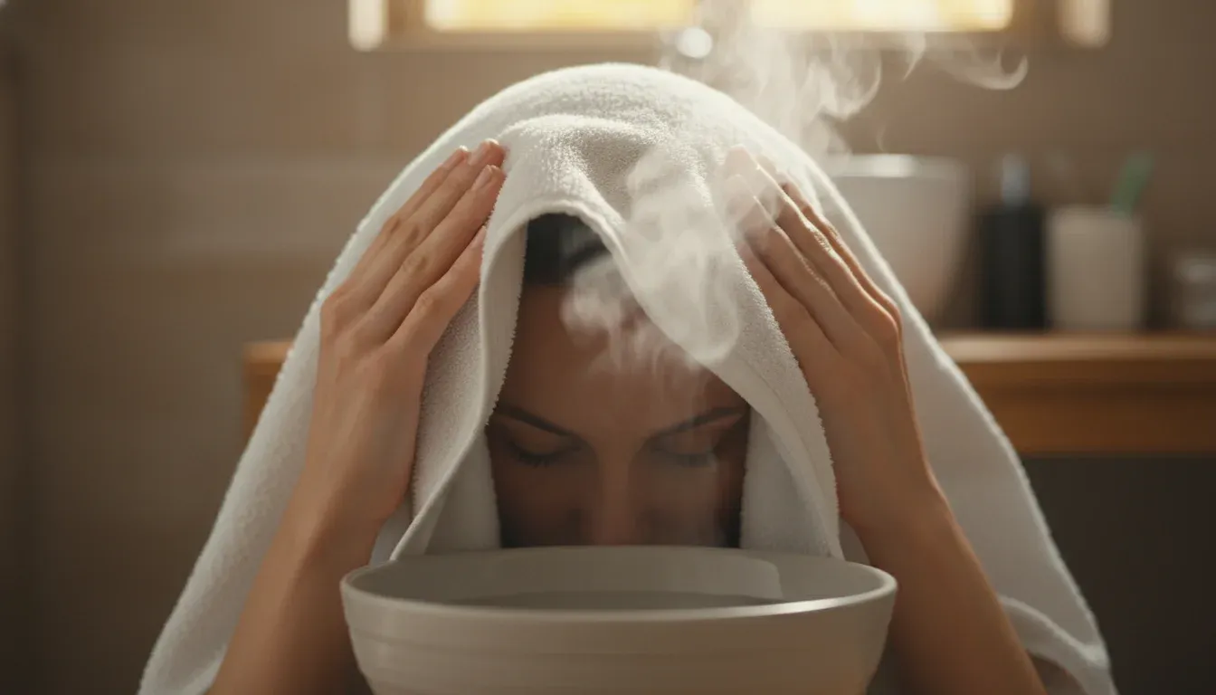 person doing facial steam treatment with towel over head