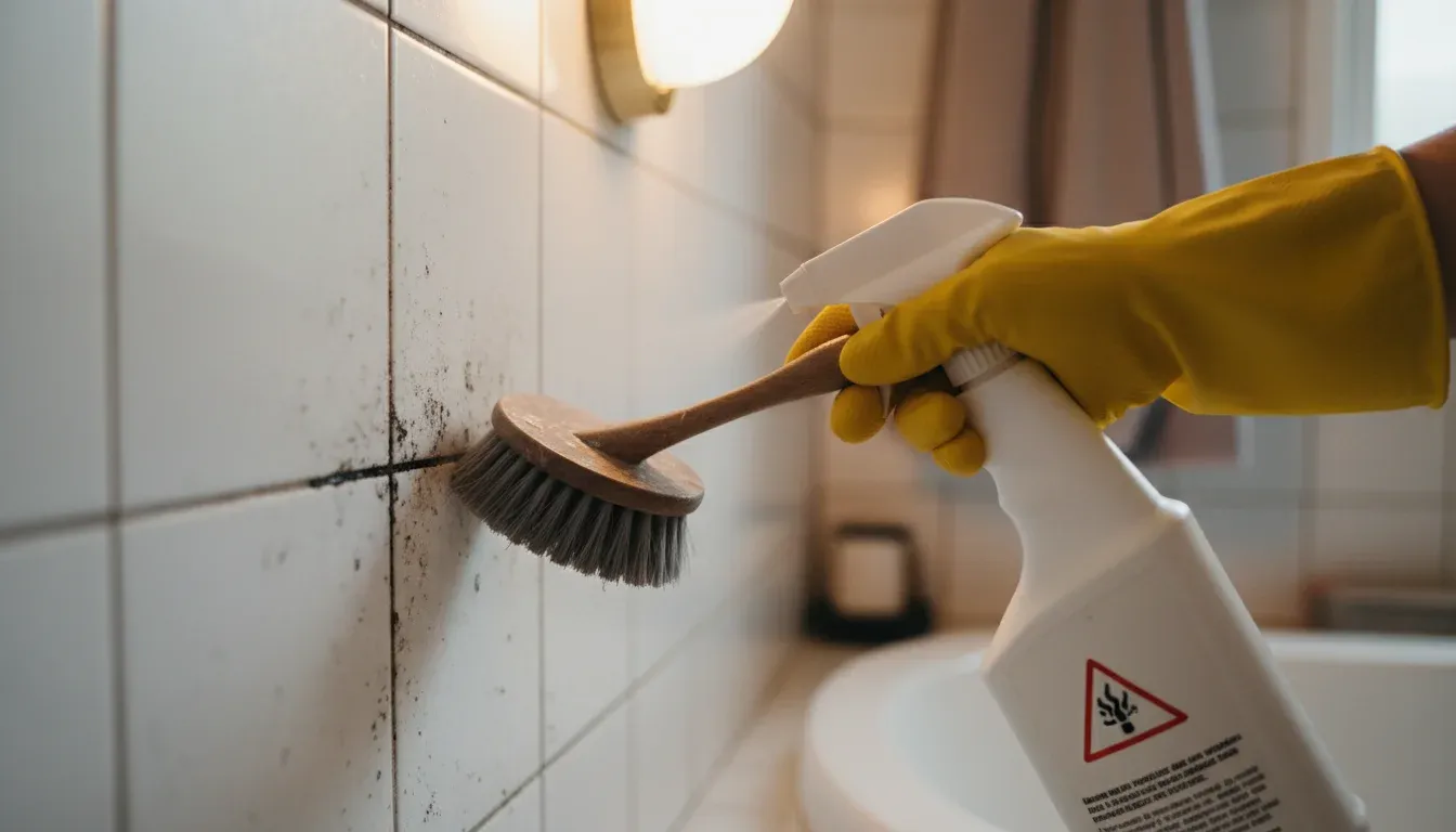 hand scrubbing moldy grout with brush and bleach solution