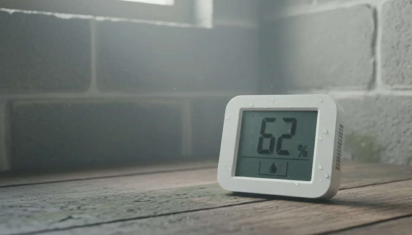 digital hygrometer showing high humidity reading in basement