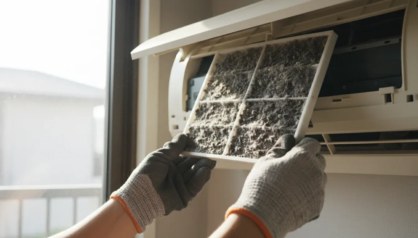 removing moldy air conditioner filter during AC maintenance