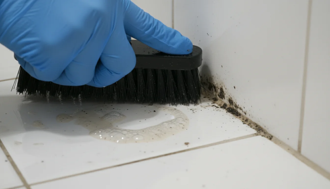 Gloved hand scrubbing black mold from bathroom tile grout with a stiff brush