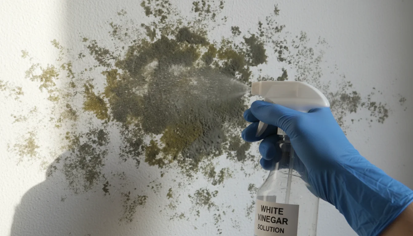 Gloved hand spraying vinegar solution onto mold on a painted wall