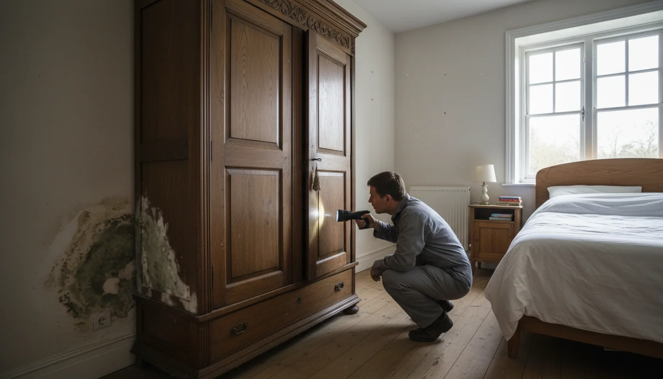 Person inspecting behind a wardrobe to find mold on an external bedroom wall