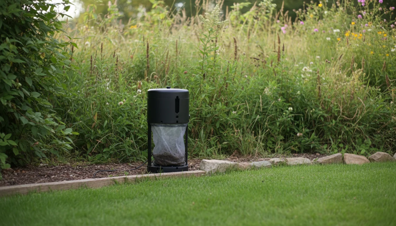 CO2 mosquito trap placed at the perimeter of a lawn away from the seating area