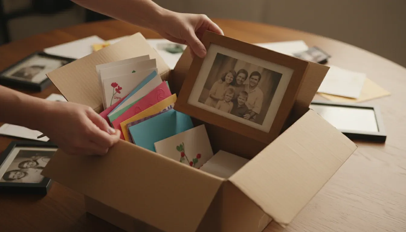 hands packing framed photos and cards into cardboard donation box