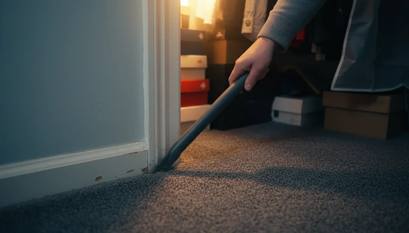 vacuuming closet baseboard corner with crevice tool