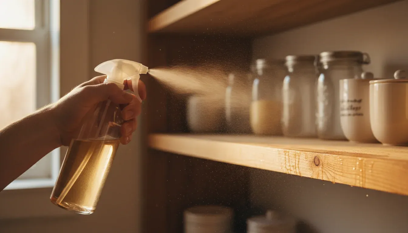 spraying vinegar solution onto pantry shelf