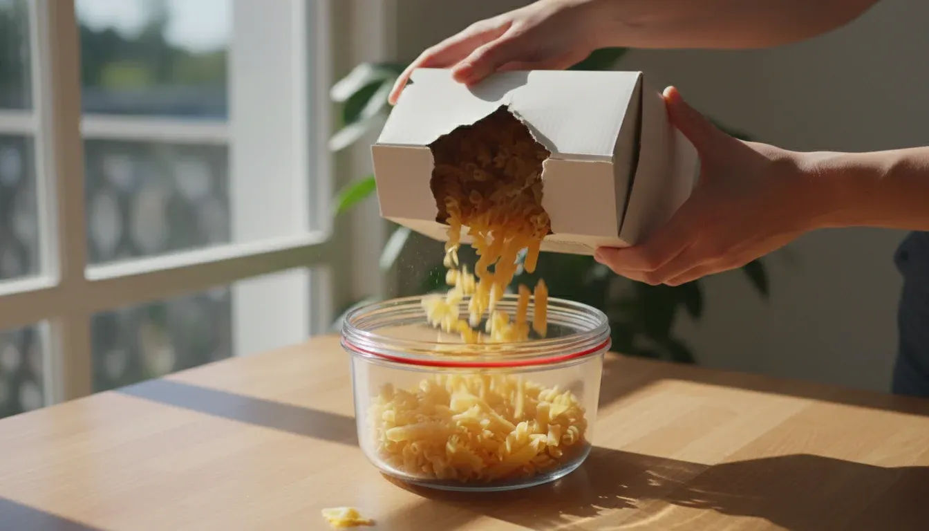 transferring pasta into airtight glass container