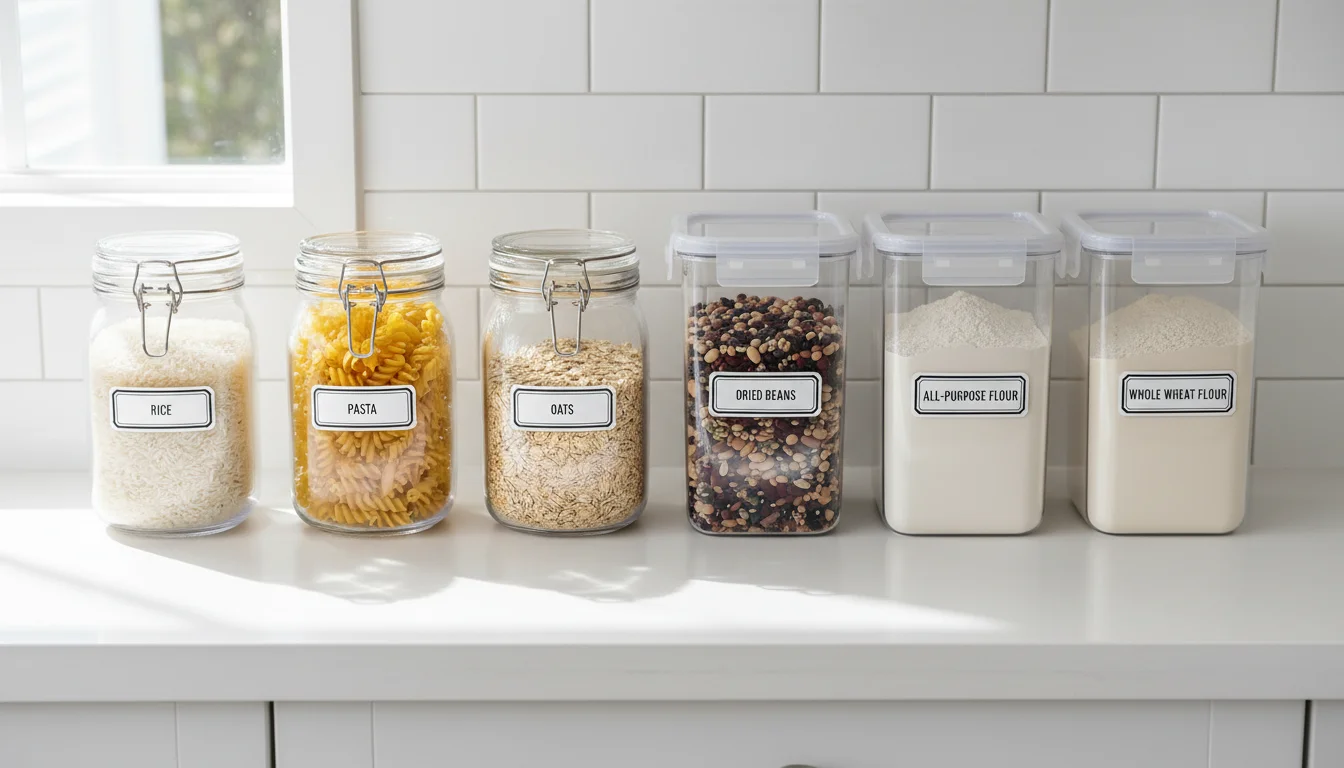 Airtight glass and plastic food storage containers lined up on a kitchen counter