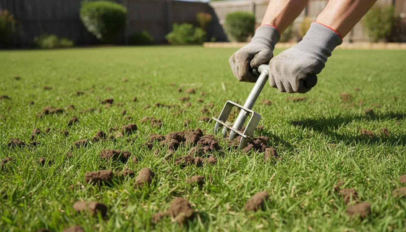 core aerator removing soil plugs from lawn