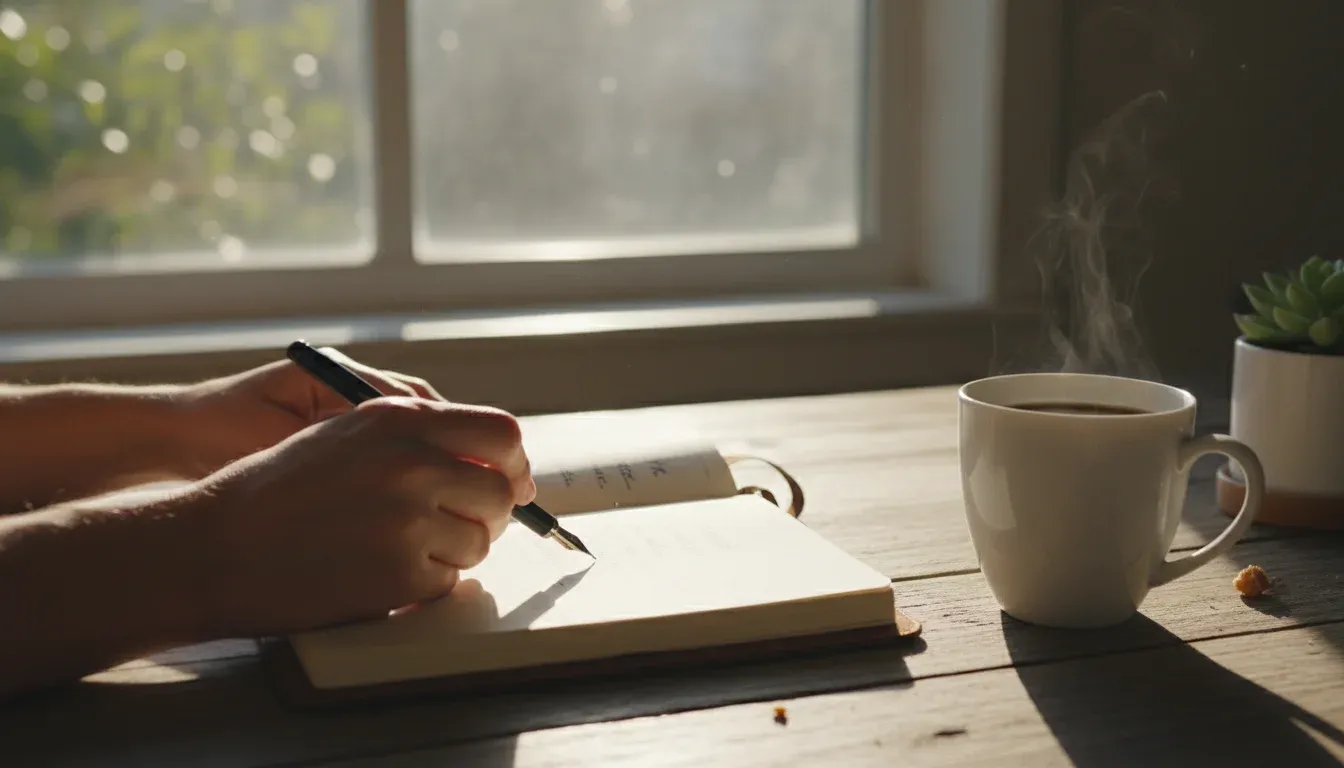 person writing in journal with coffee on wooden table in morning light