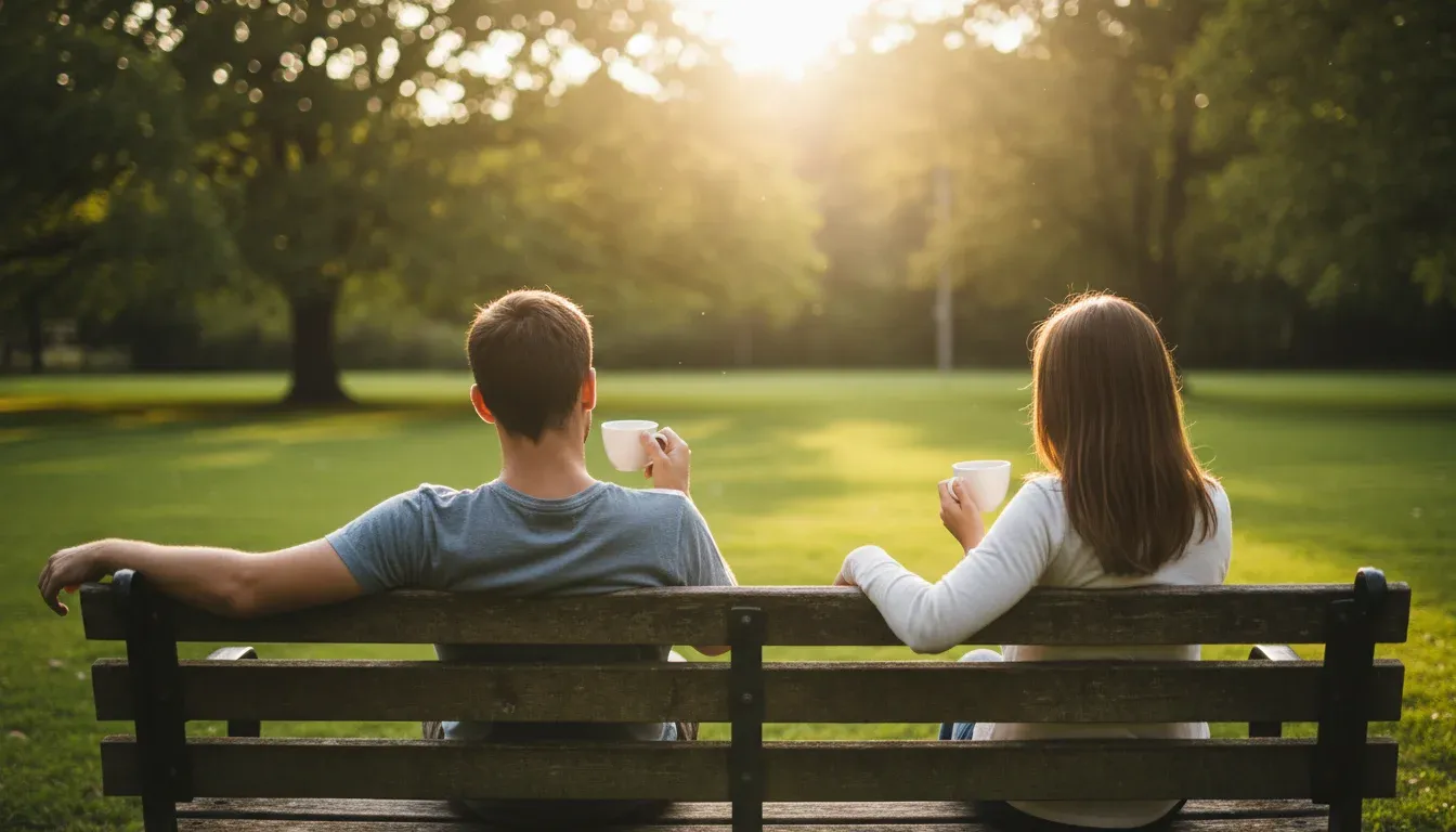 two people sitting together on park bench in afternoon sunlight