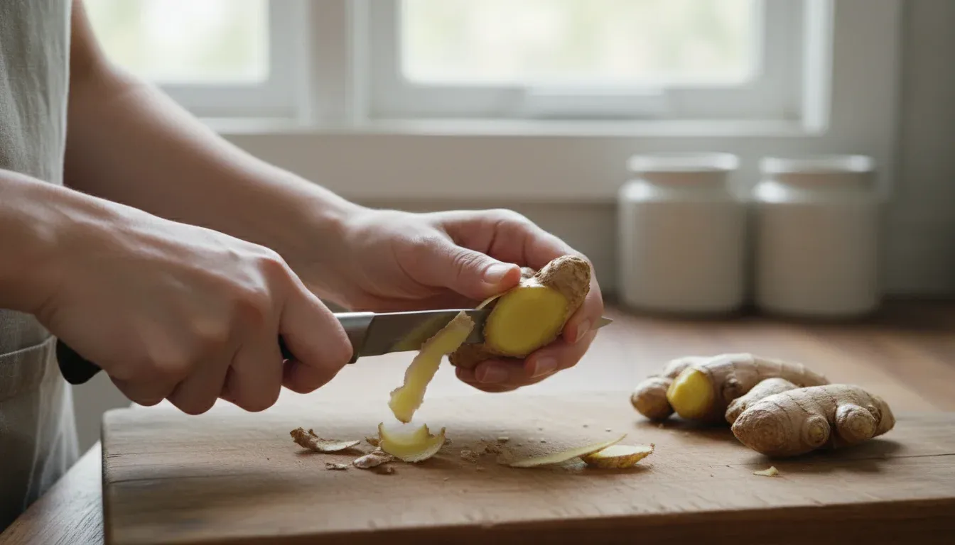 peeling fresh ginger root on cutting board