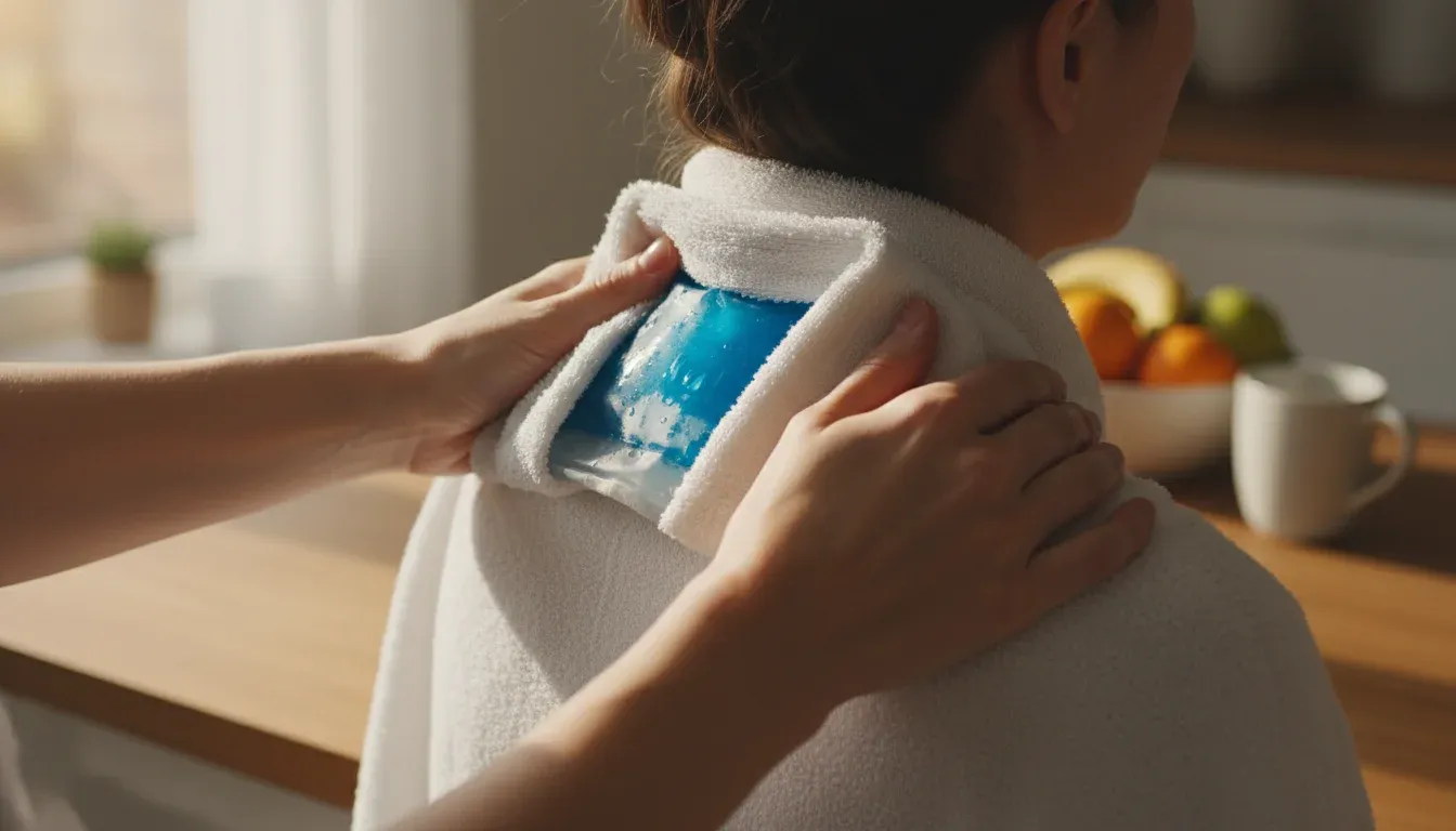 hands applying wrapped ice pack to back of neck