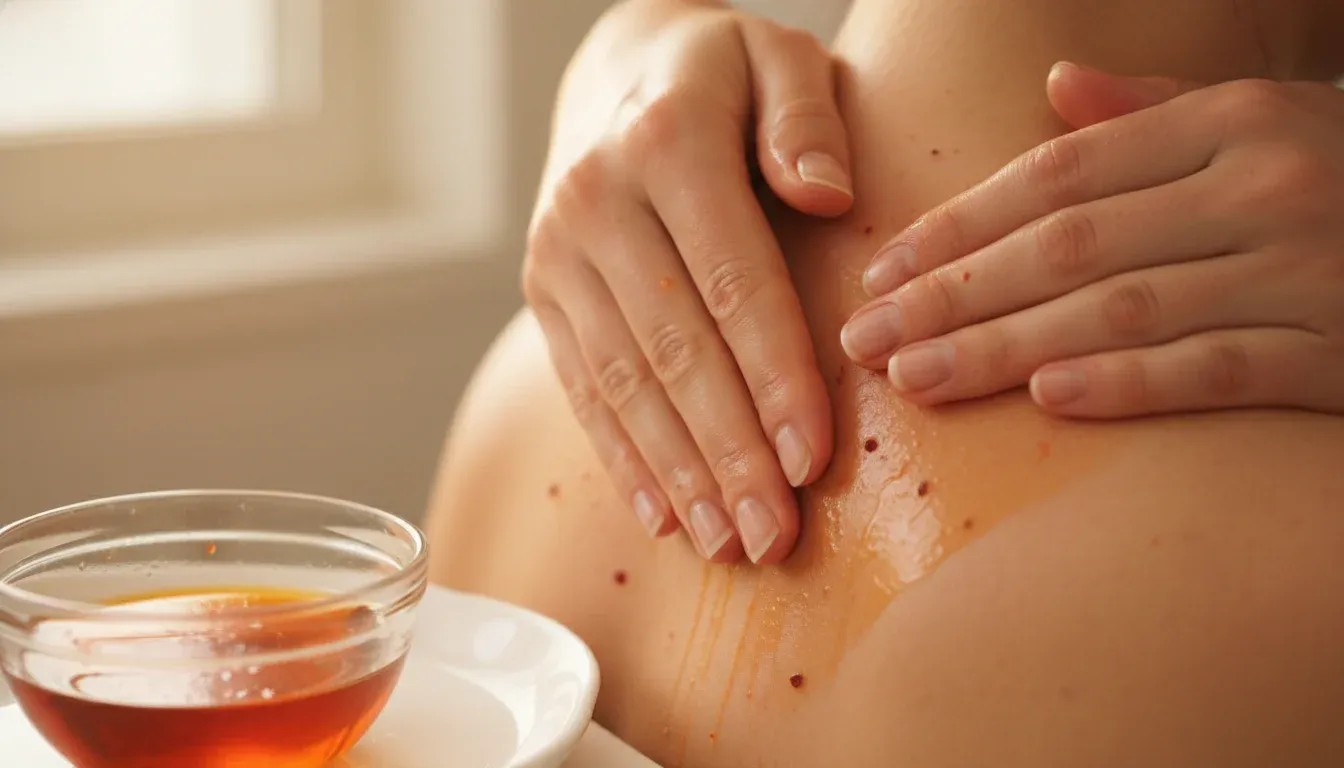 hands applying cayenne pepper oil to sore neck muscles