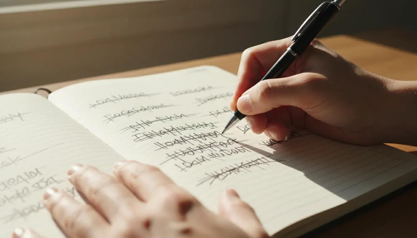 hands writing and crossing out thoughts in a notebook