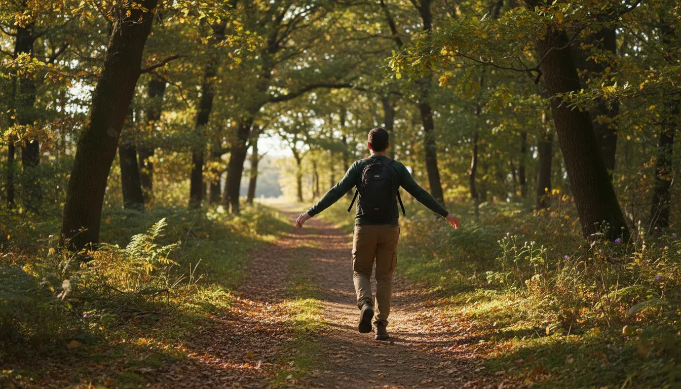 person walking on forest trail demonstrating movement to interrupt negative thoughts