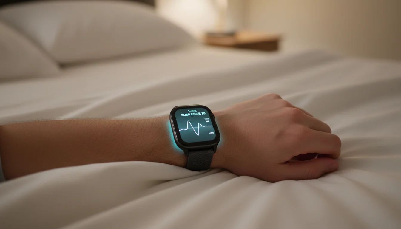 Person wearing a sleep-monitoring smartwatch in bed at night