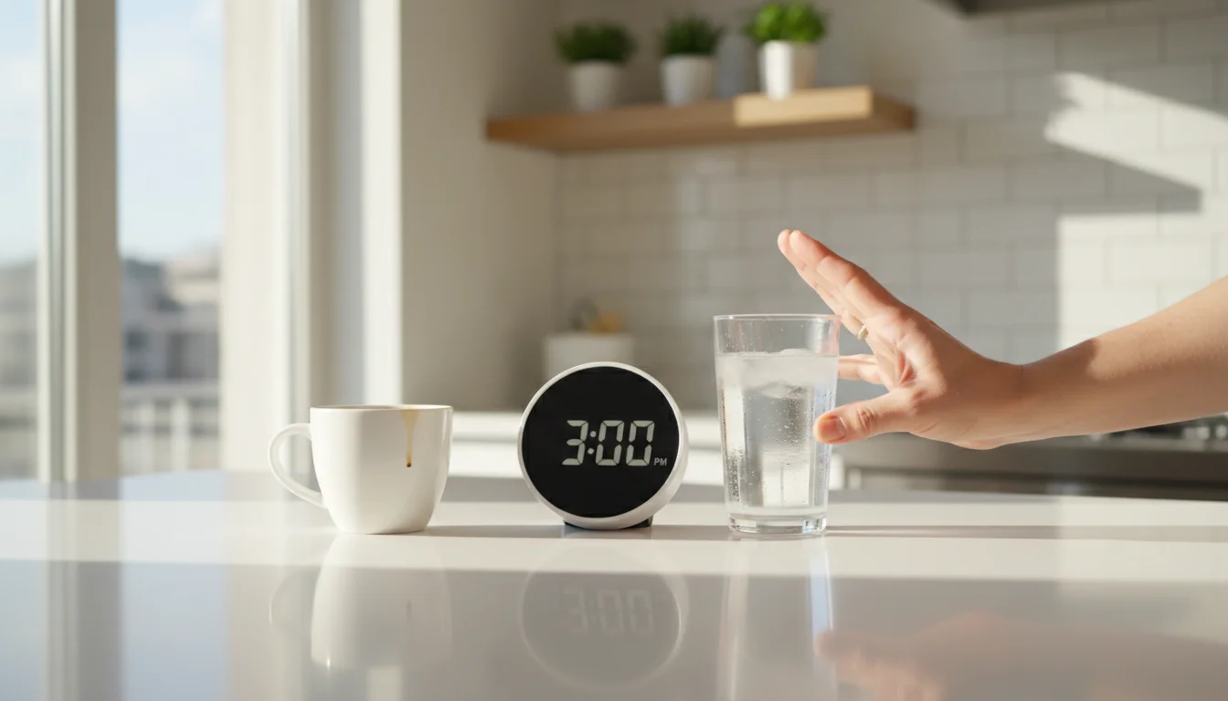 Hand pushing away an afternoon coffee cup and choosing water instead