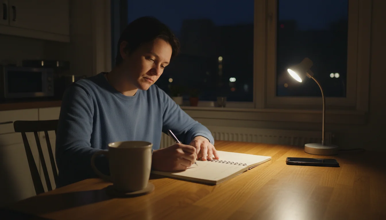 Person journaling at a kitchen table in the evening as part of a pre-sleep wind-down routine