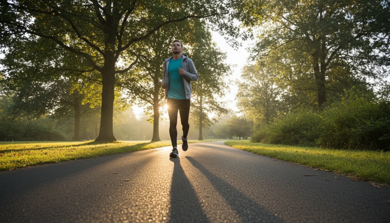 Person jogging in a park in the morning as part of an earlier-in-the-day exercise habit