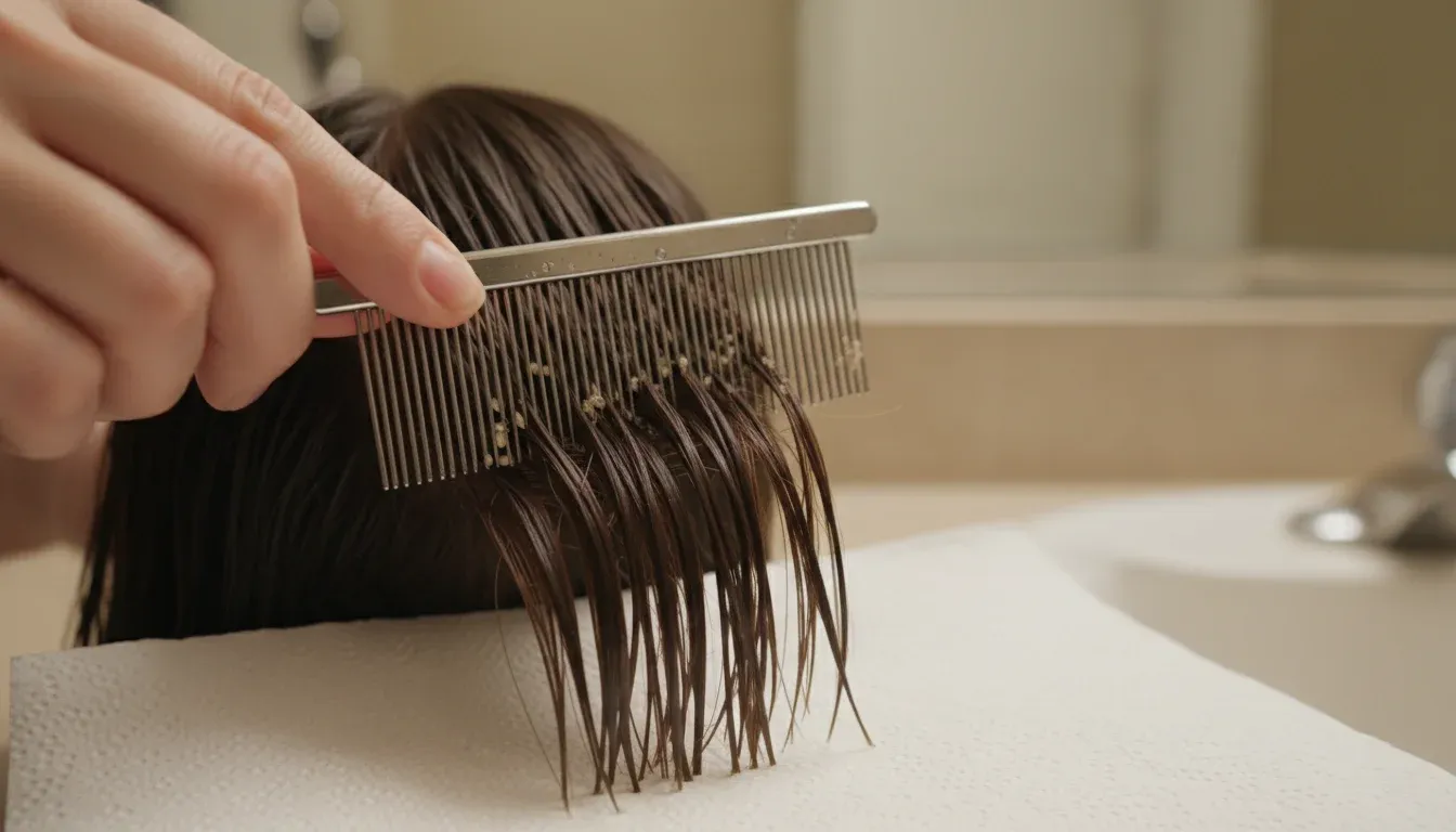 combing through hair with metal nit comb over white paper towel