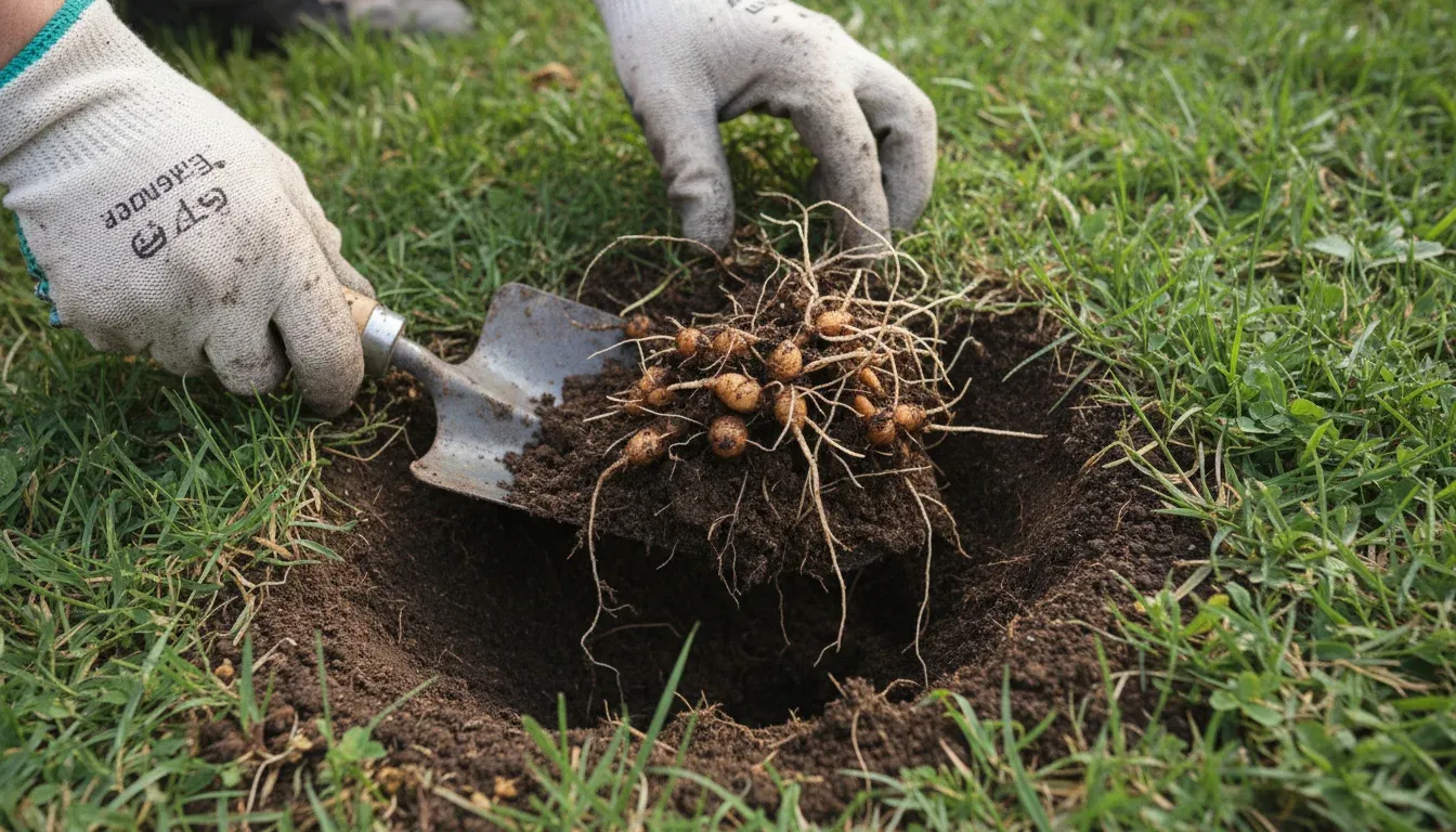 digging out nutsedge tubers with trowel