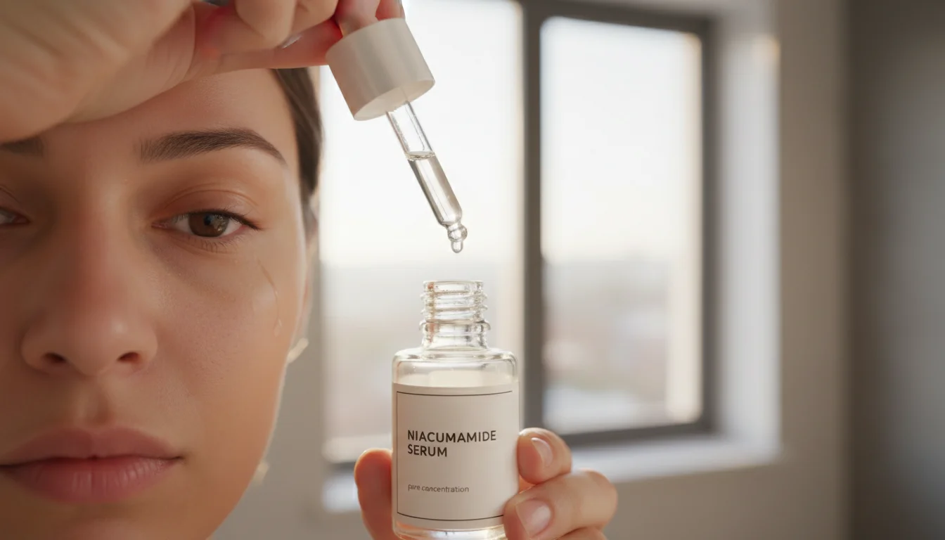 Applying niacinamide serum drops to facial skin in a bathroom mirror close-up