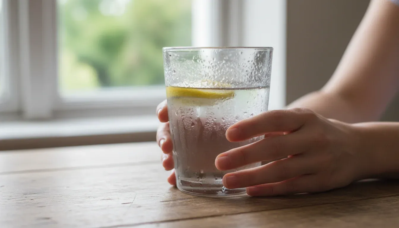 hands holding glass of cold water for hydration