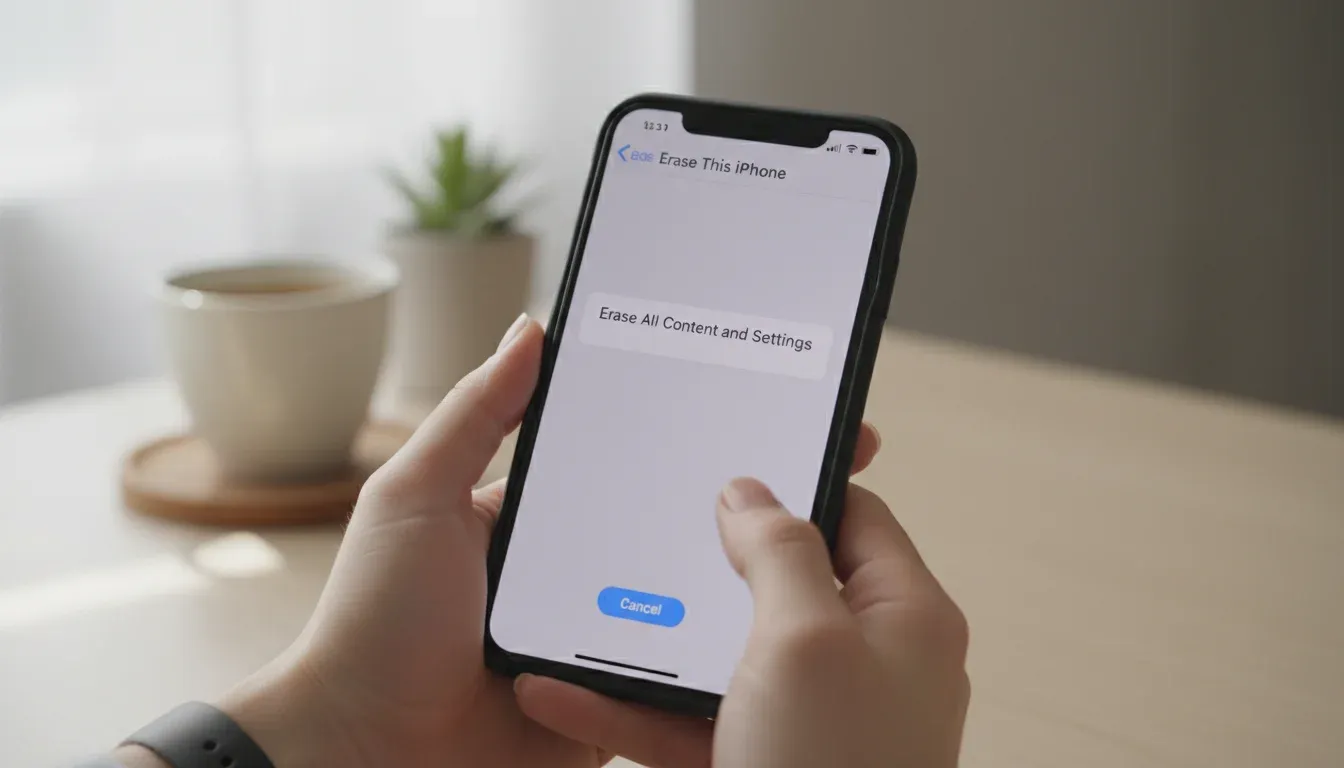 hands navigating iPhone reset settings screen
