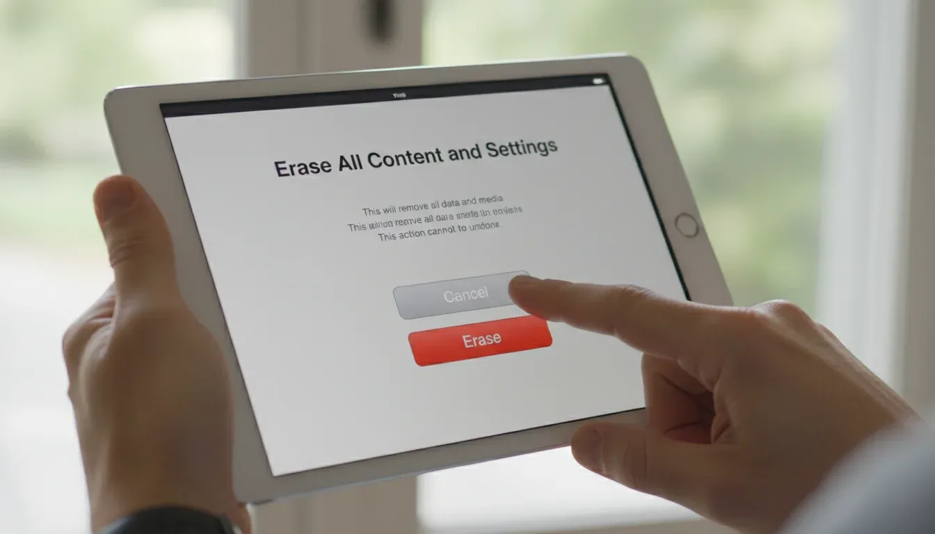 finger about to tap erase all content button on iPad