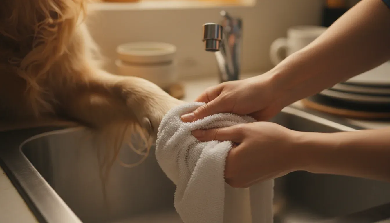 Hands using a white cotton towel to wipe a dog's paw at a kitchen sink