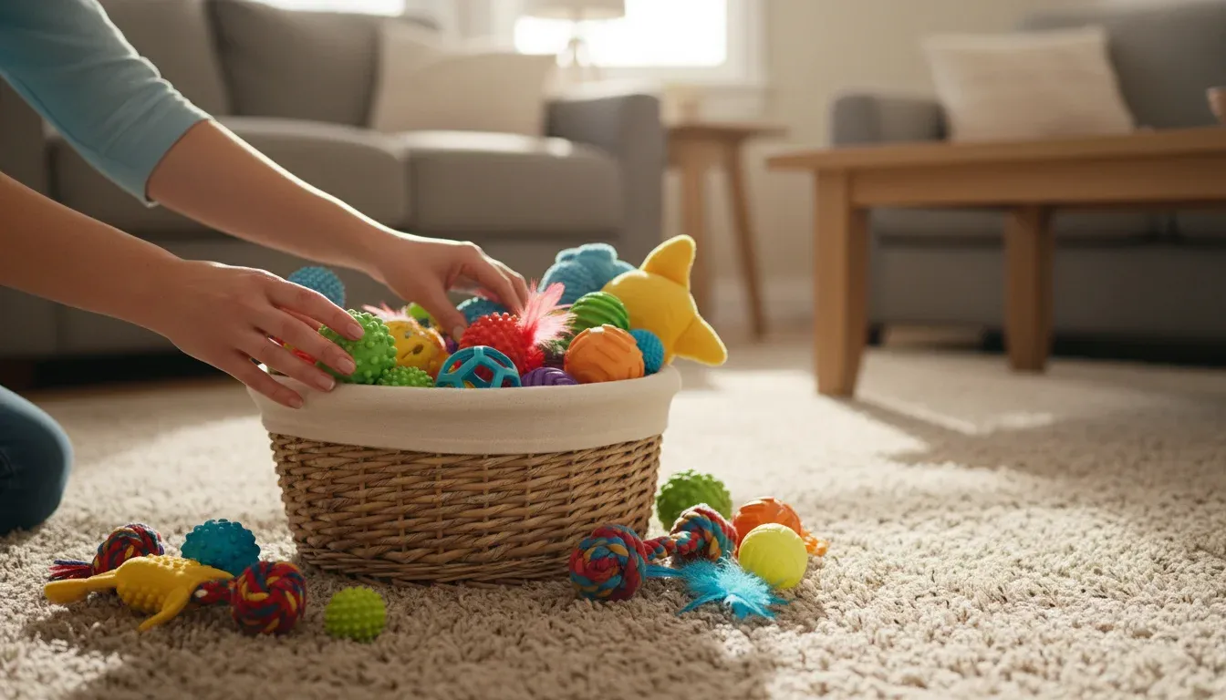 Hands organizing colorful pet toys into a wicker basket on carpet