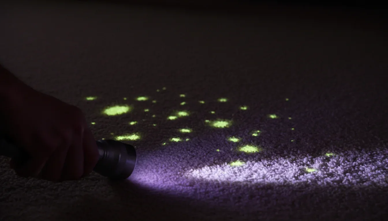 UV blacklight revealing hidden pet urine stains on carpet