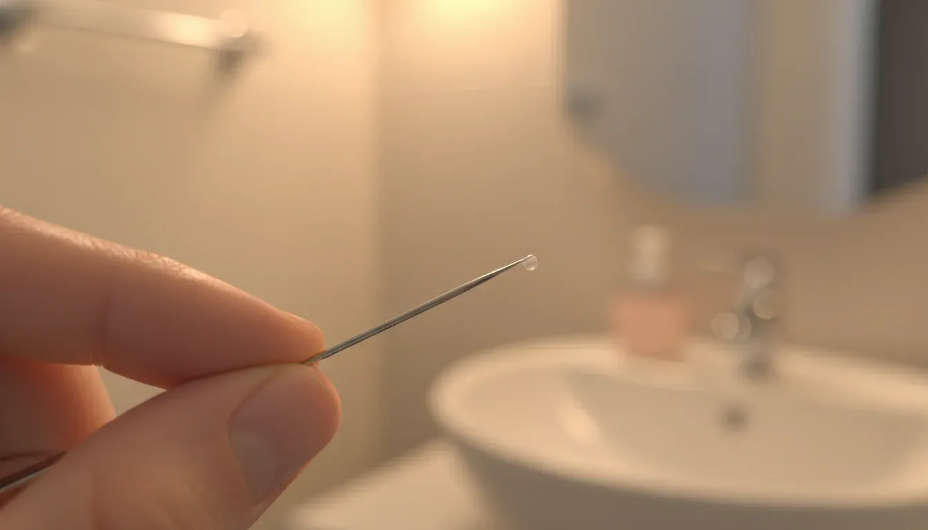 hand using sterilized needle to gently prick whitehead pimple