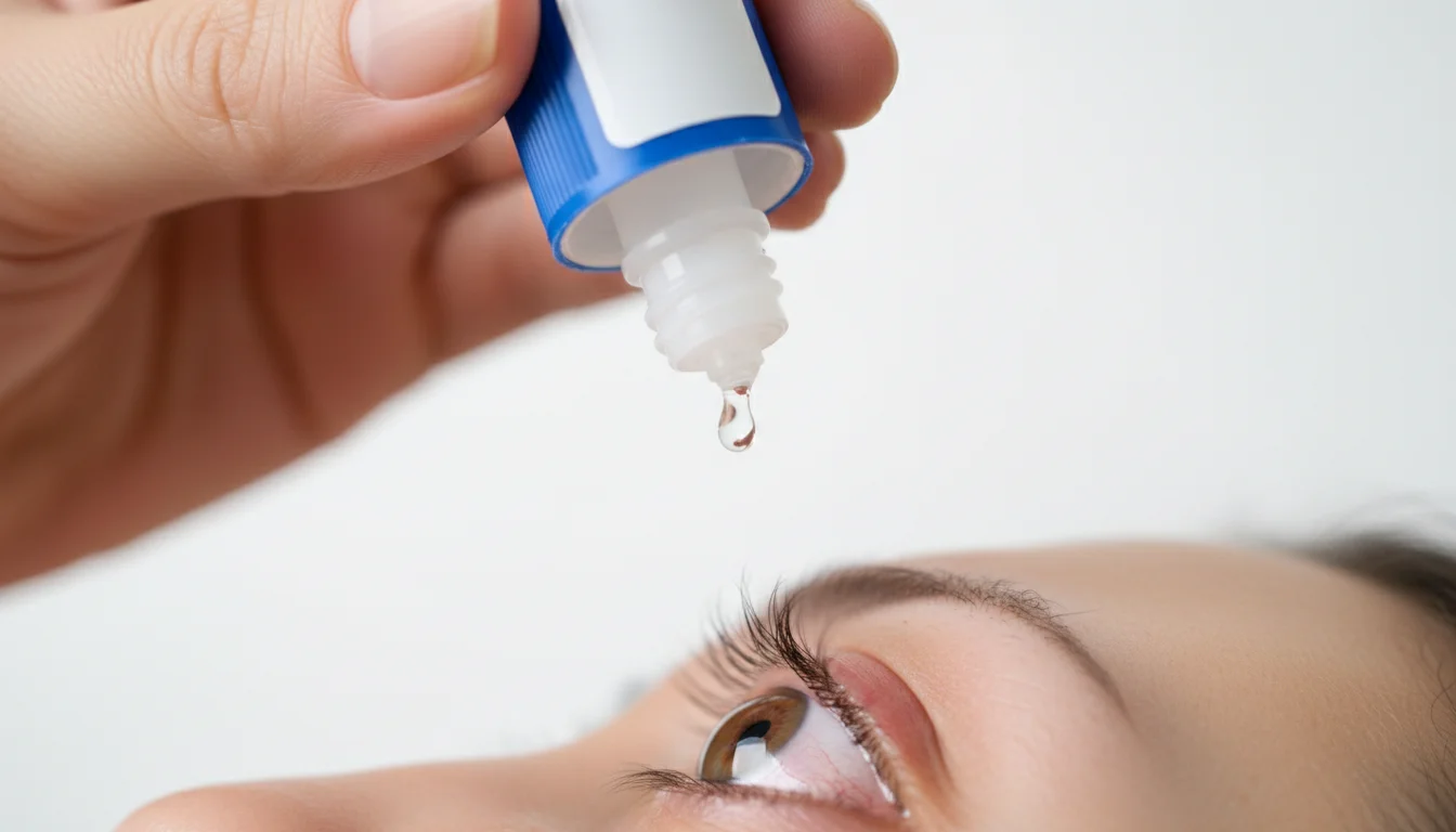Eye drops being applied to an eye with pink eye