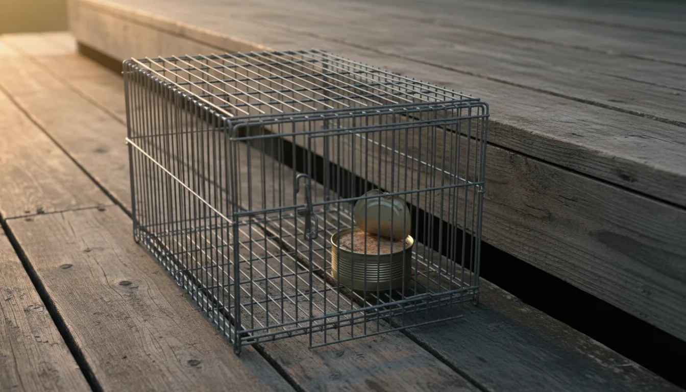 Live cage trap baited with tuna placed at entrance to possum den under deck