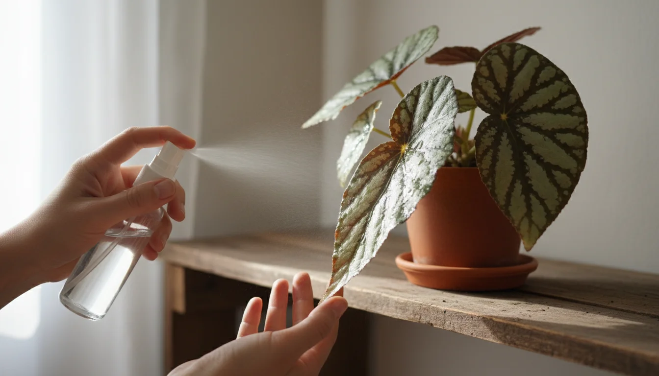 Spraying neem oil solution on houseplant leaves to treat powdery mildew