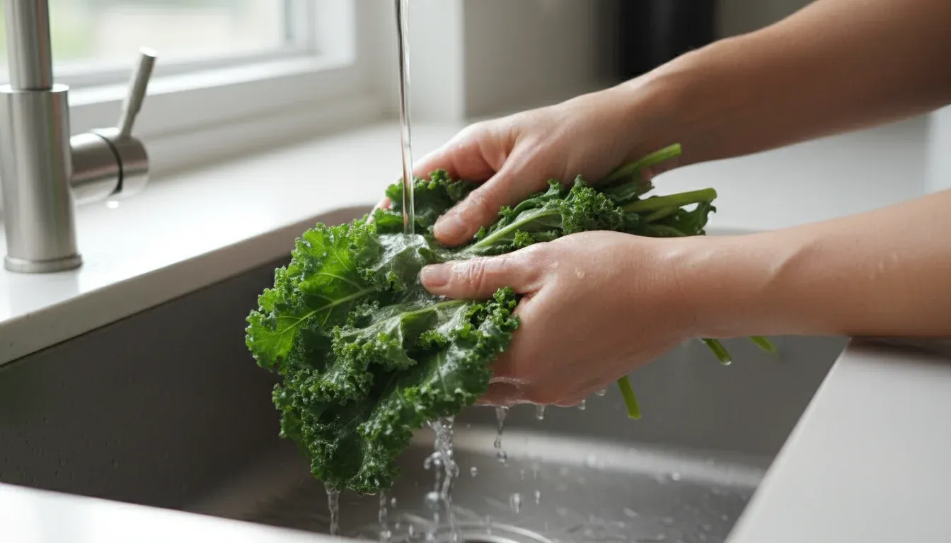 washing fresh kale leaves in kitchen sink