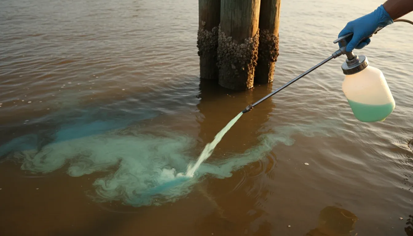 applying copper molluscicide to river water near dock