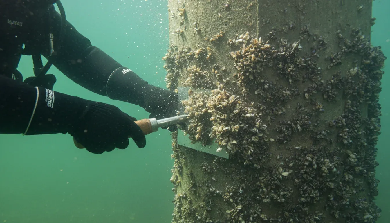 diver scraping quagga mussels from underwater structure