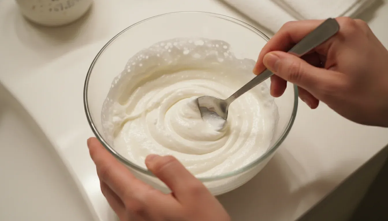 mixing crushed vitamin C tablets with shampoo in glass bowl