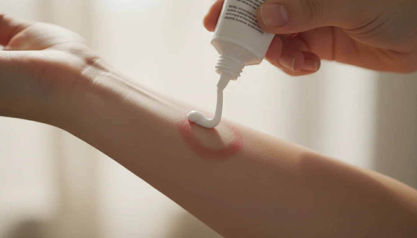 Applying antifungal cream to ringworm rash on forearm, extending beyond the visible ring border